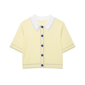 Lemon Cream Contrast-Stitch Button Tee